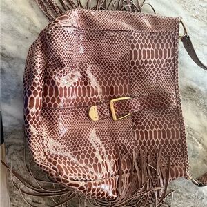 Brown Snake Print Fringe Bag